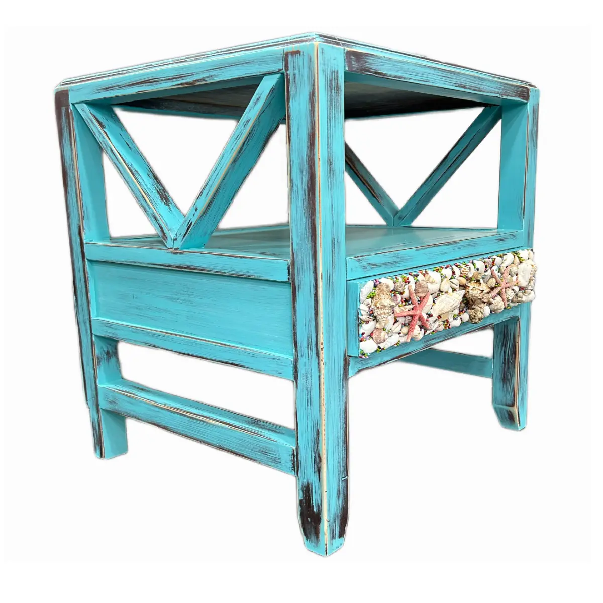 Mesa vintage estilo Ibiza trabajada a mano con conchas y corales naturales