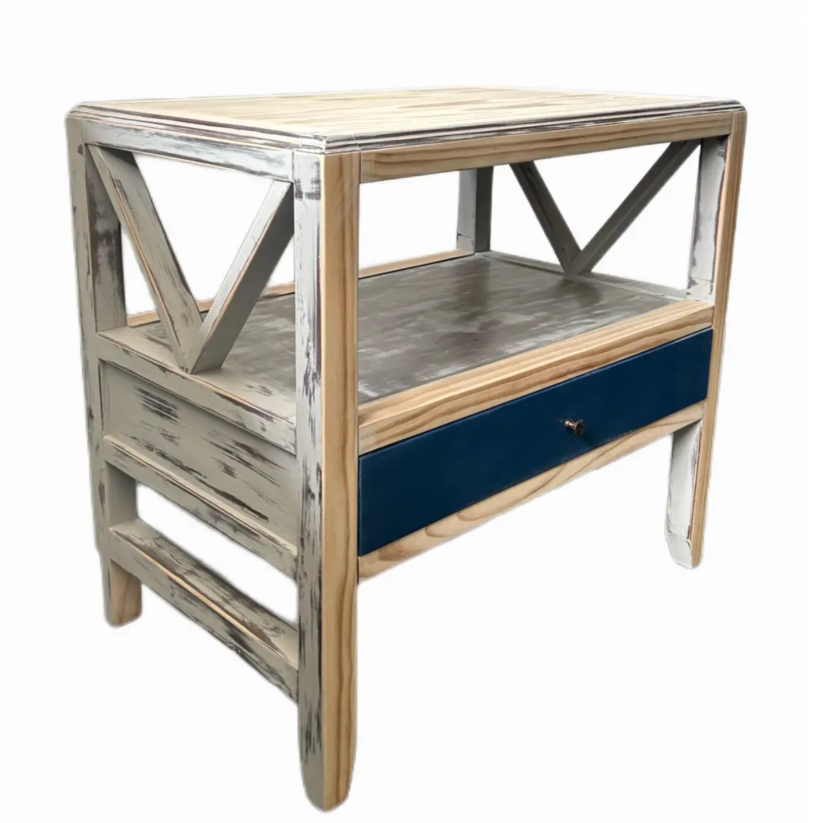 Mesa de madera tratada aspecto envejecido y pintada en azul noche