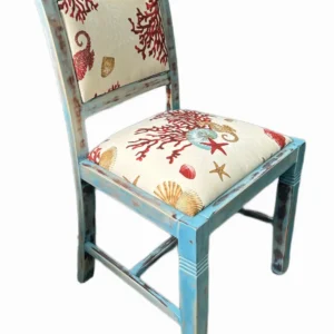 Silla madera en azul envejecido y tapizada en estampado de corales marinos