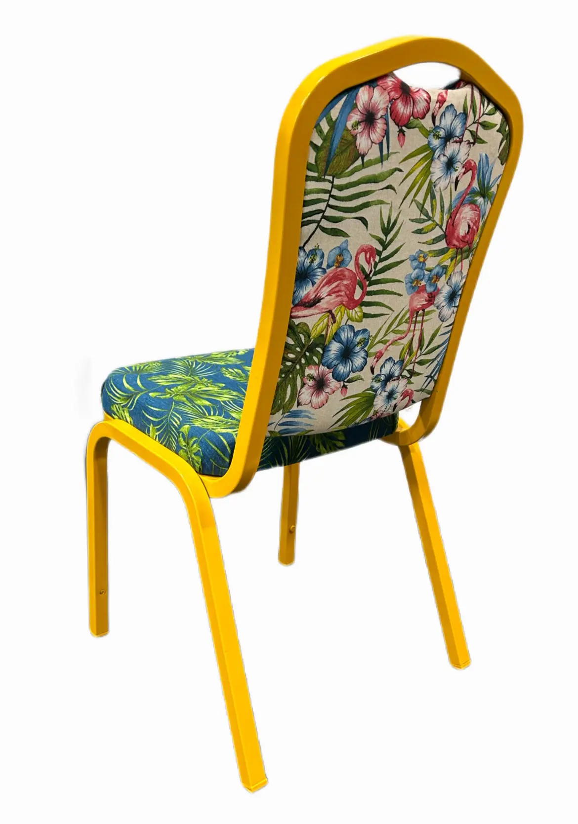 Silla metálica en amarillo y tapizada con estampaciones tropicales I - Imagen 2