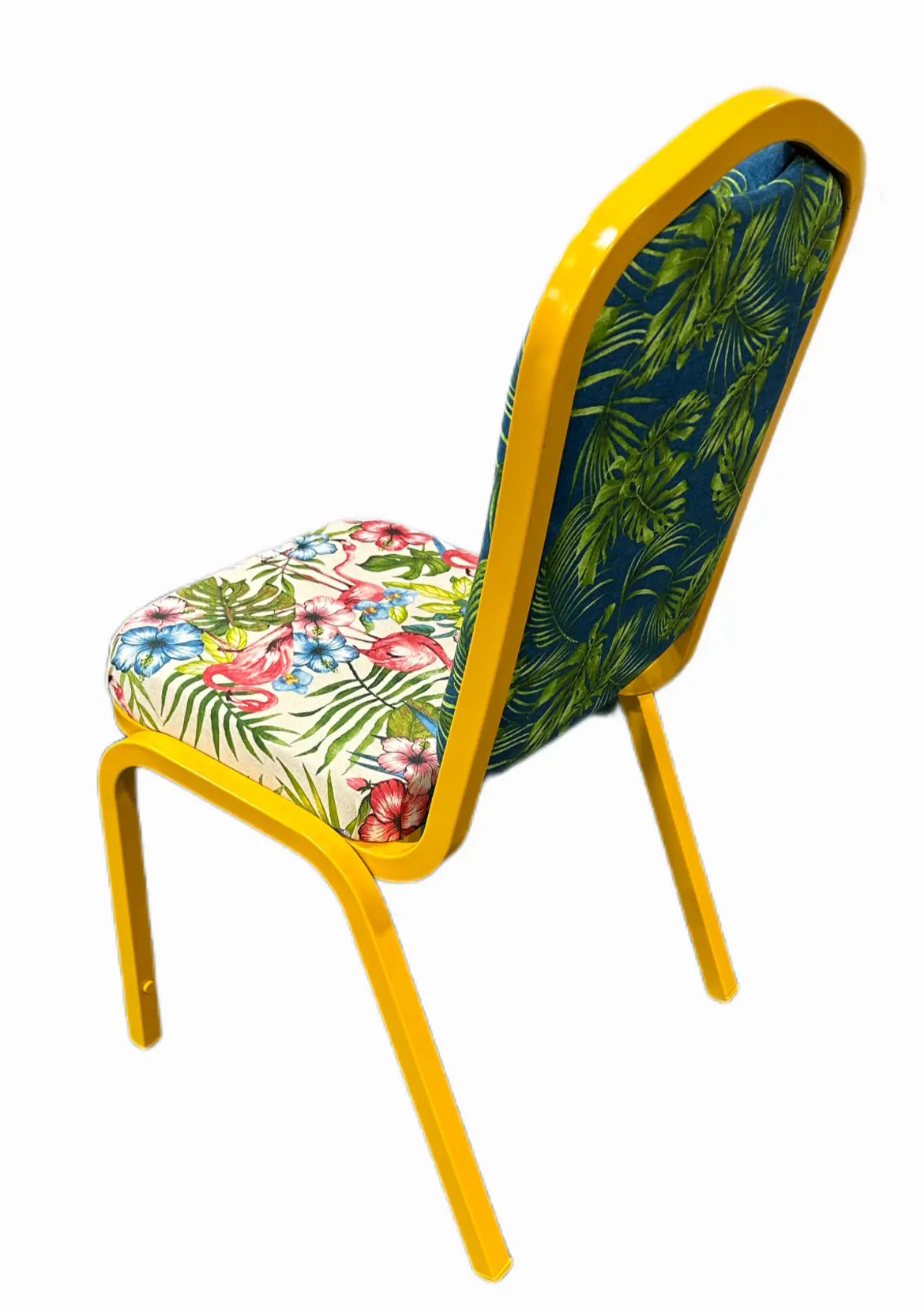 Silla metálica en amarillo y tapizada con estampaciones tropicales II - Imagen 2